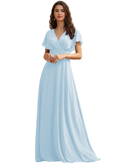 Flutter Sleeve V-Neck Chiffon Bridesmaid Dress with Flowing dress