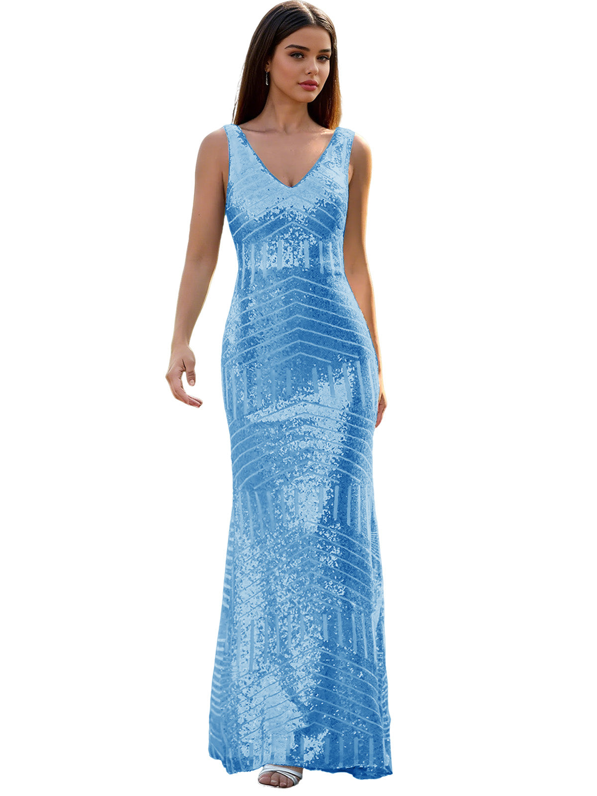 V-Neck Sequin Column Prom Dress with Beaded Waist and Low Back