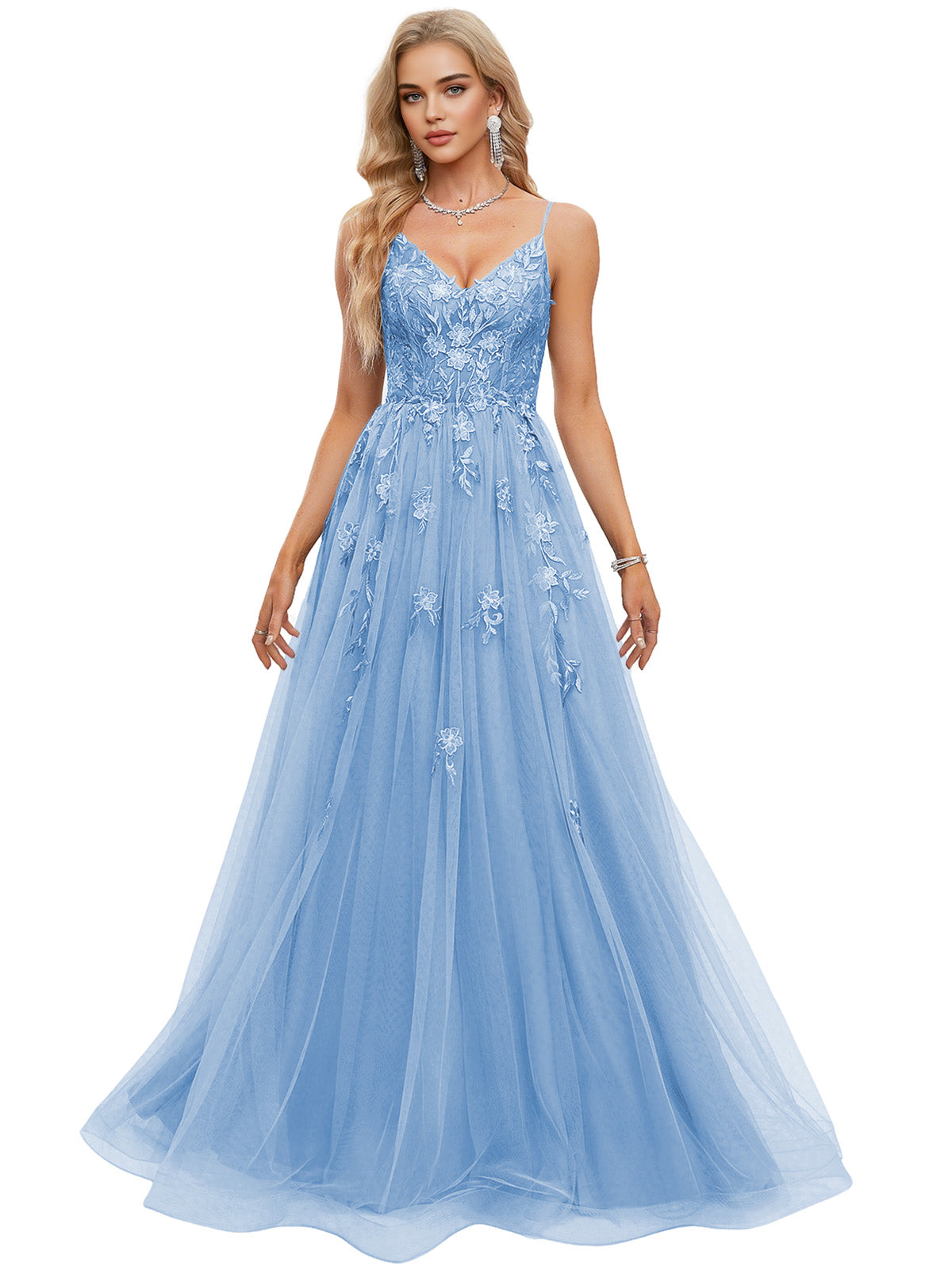 Beaded Bodice Tulle Ball Gown Prom Dress with Spaghetti Straps