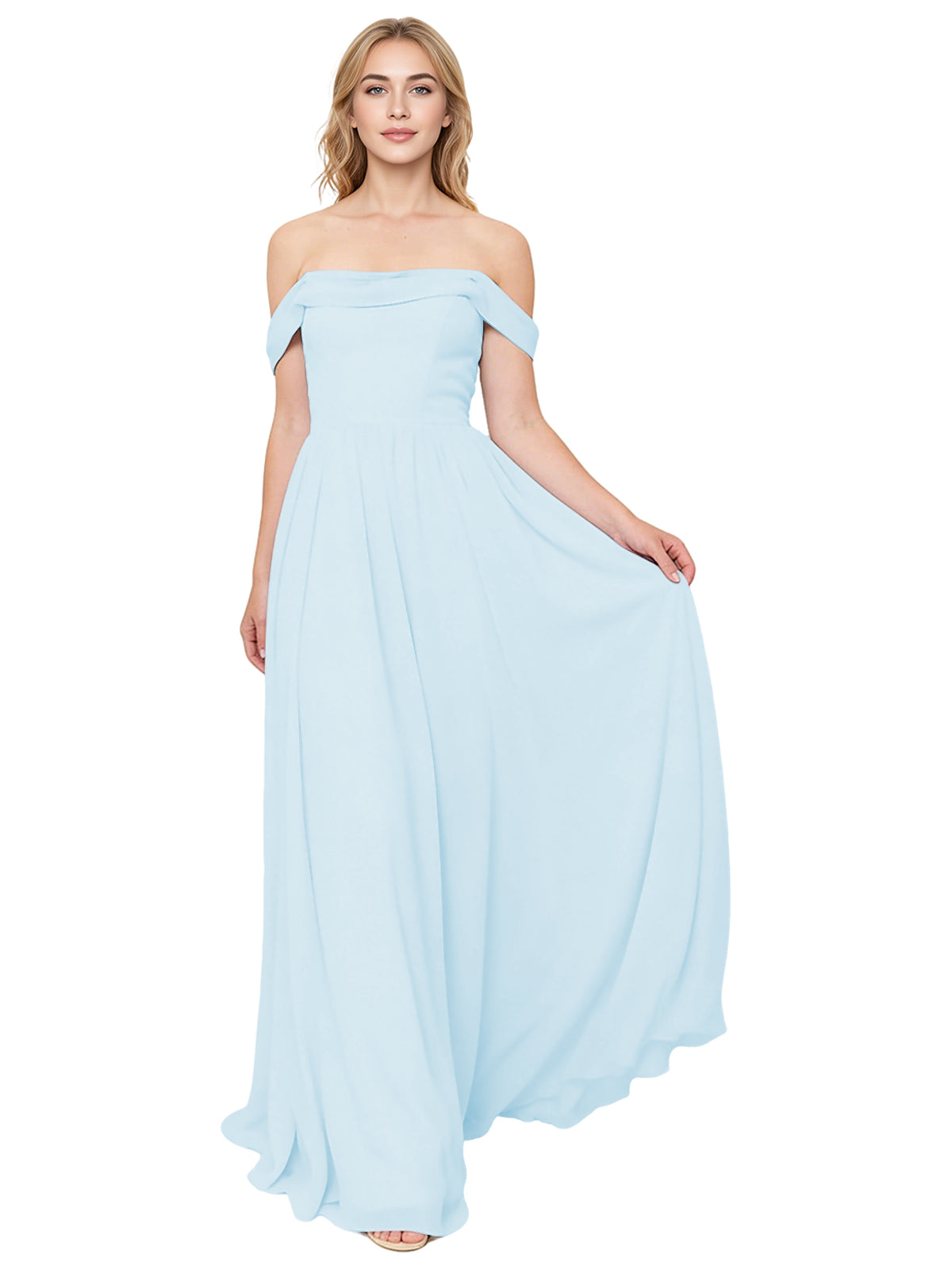 Off Shoulder Pleated Chiffon Bridesmaid Dress with Flowing A-Line Dress