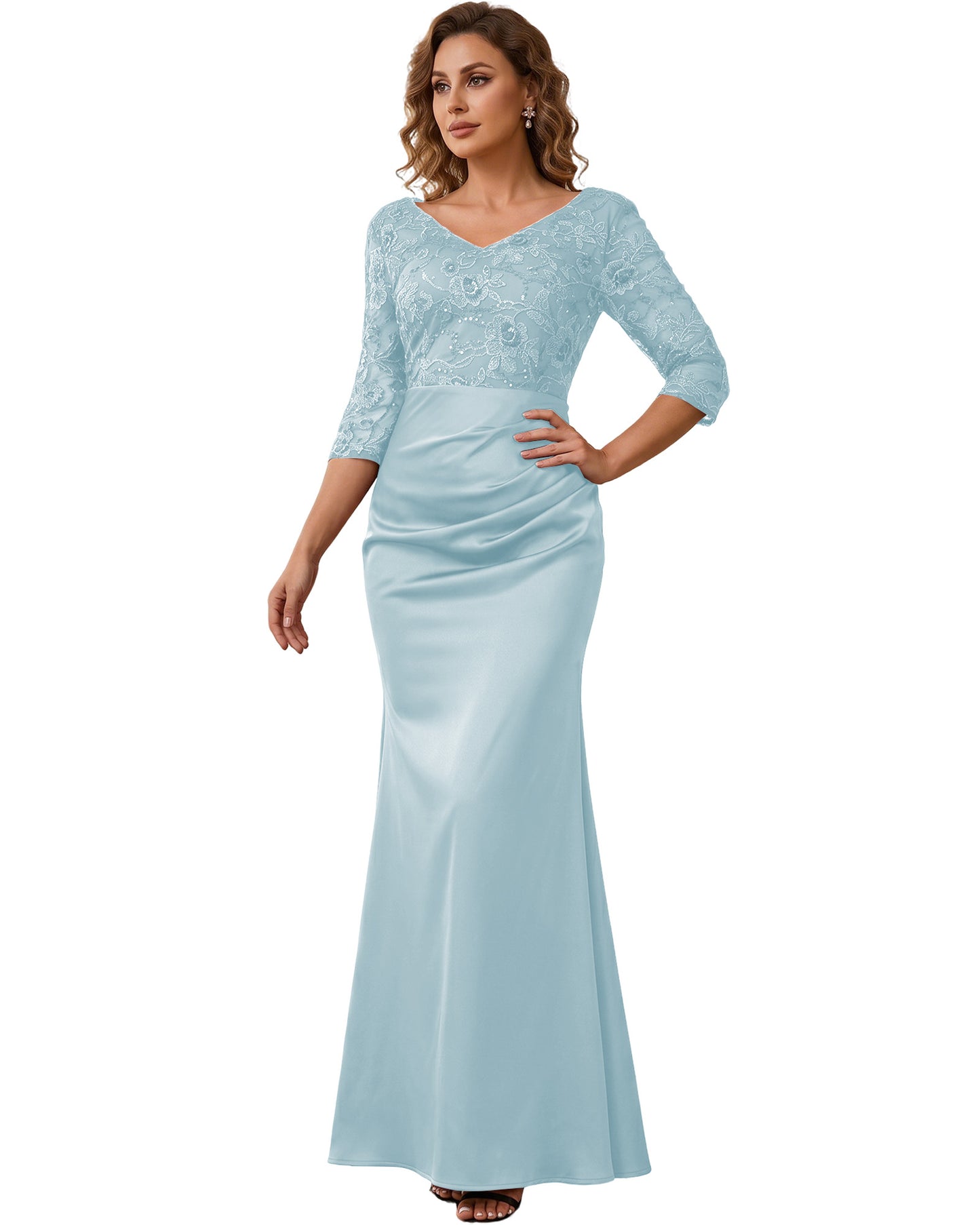 Mother of the Bride Dress Long Lace Mermaid Formal Gown with 3/4 Sleeves