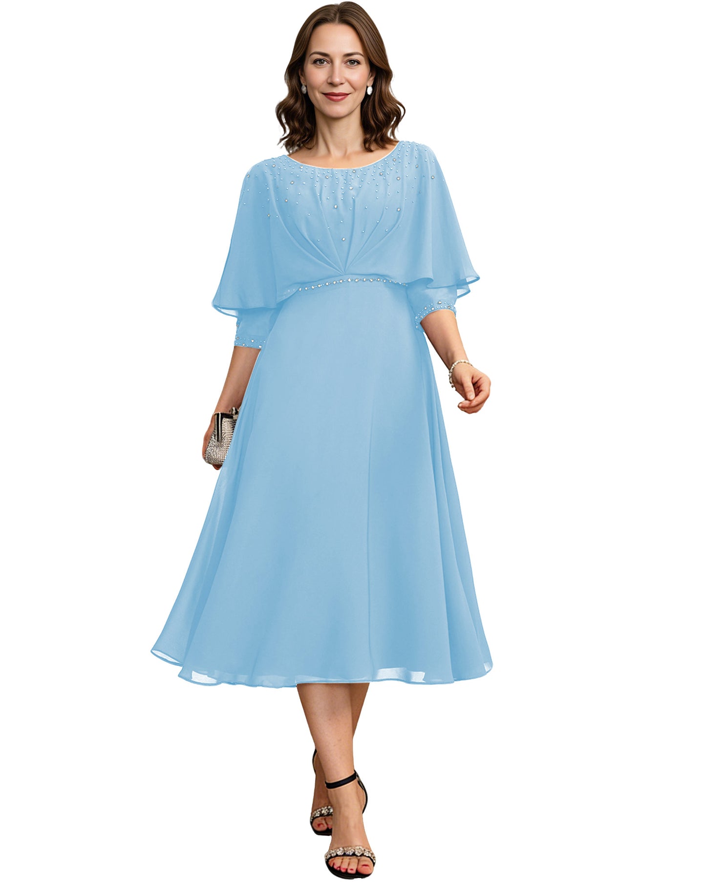 Beaded Cape Mother of the Bride Dress Tea Length Chiffon A-Line Formal Guest Gown