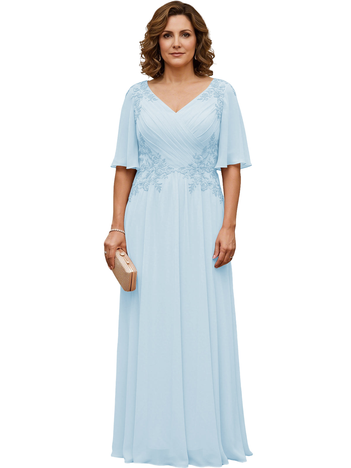 Mother of the Bride Dress Long Chiffon A-Line Gown with Flutter Sleeves and Beaded Lace