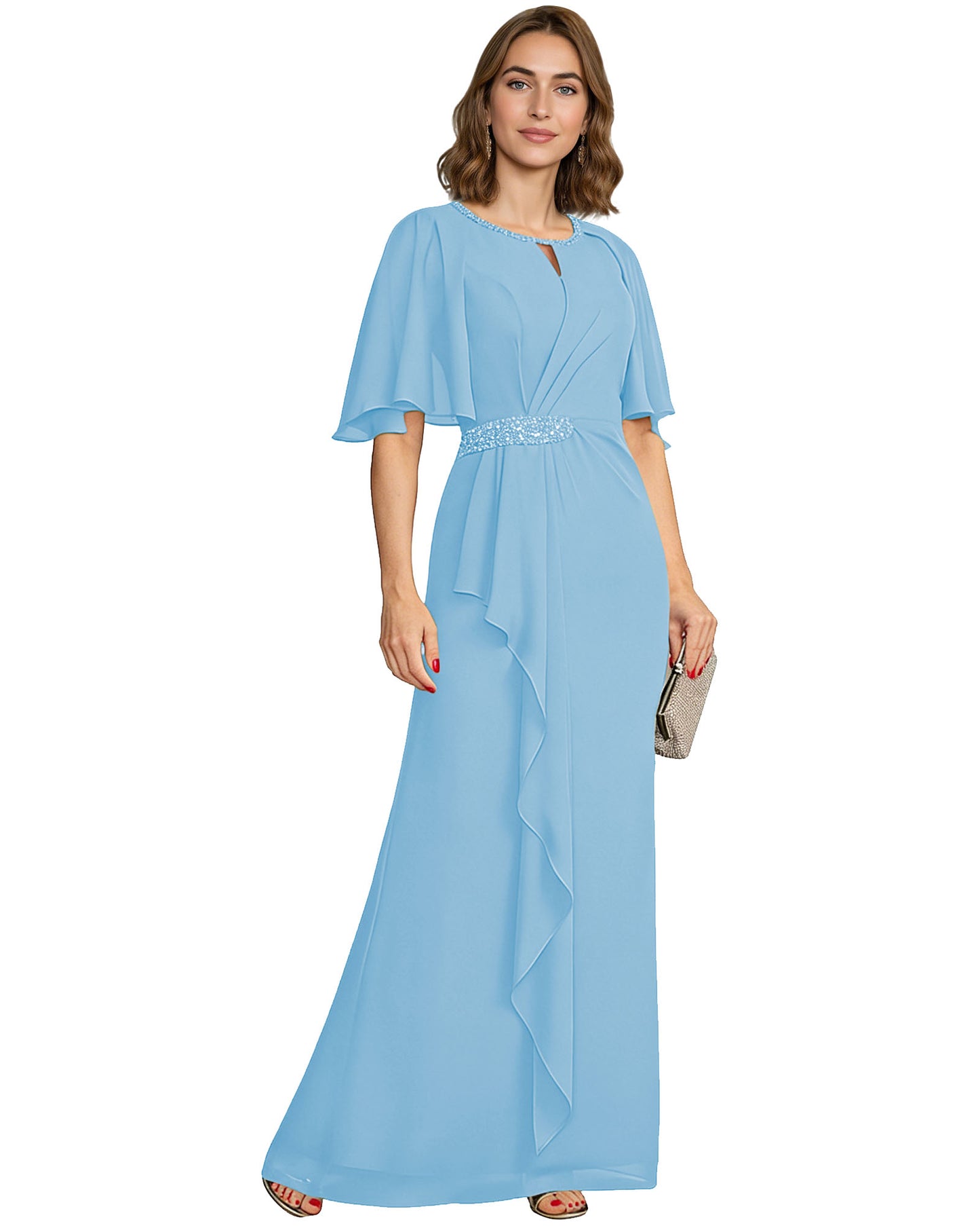 Long Mother of the Bride Dress Chiffon Flutter Sleeve Beaded Waist Formal A-Line Gown