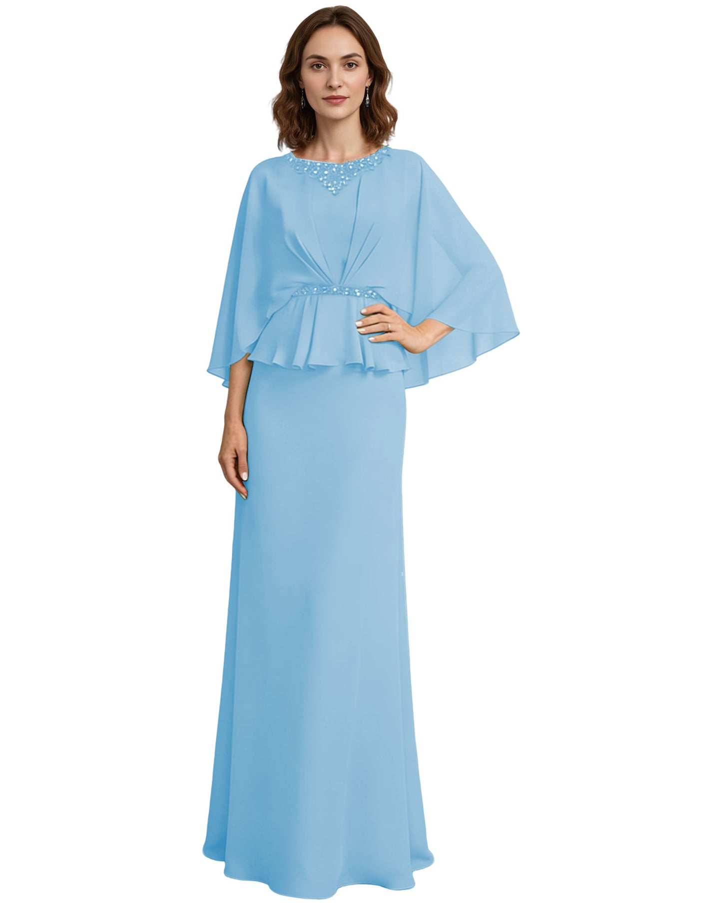 Capelet Mother of the Bride Dress Long Beaded Neck Peplum Chiffon Formal Gown