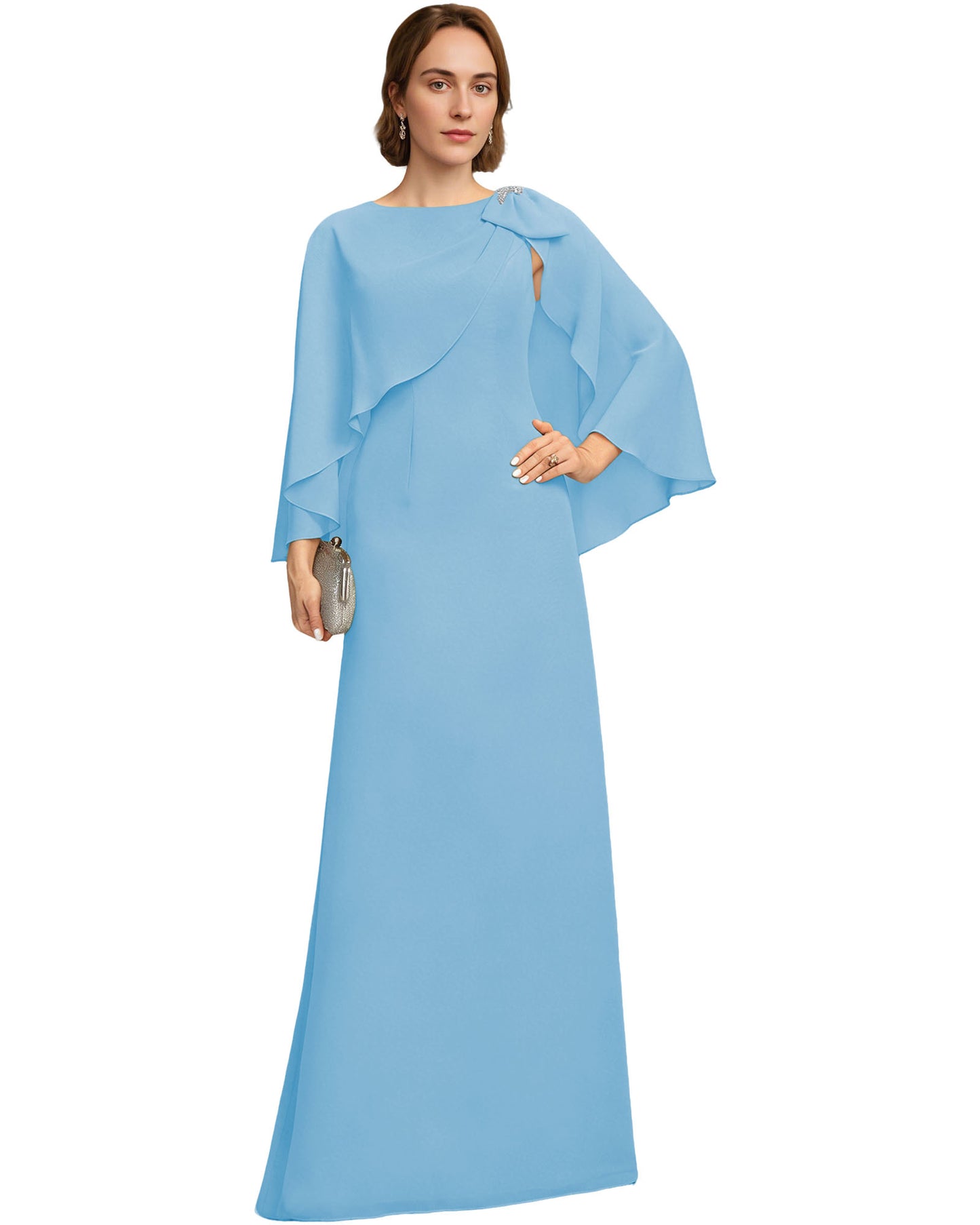 Long Cape Sleeve Mother of the Bride Dress Jewel Neck Chiffon Column Gown with Bow Detail
