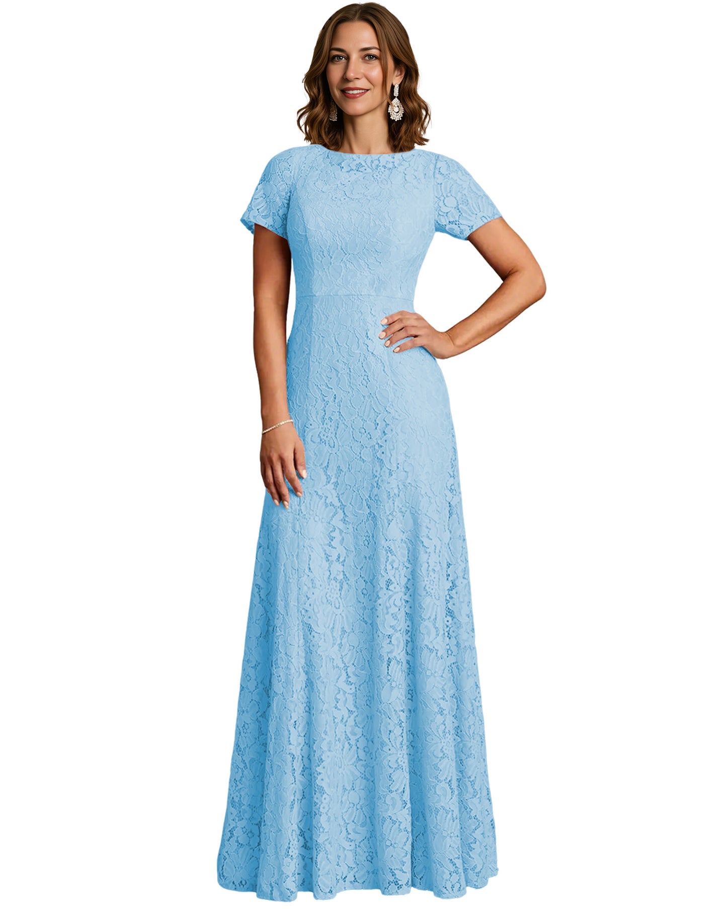 Long Lace Mother of the Bride Dress Short Sleeve Mermaid Gown with Crew Neckline