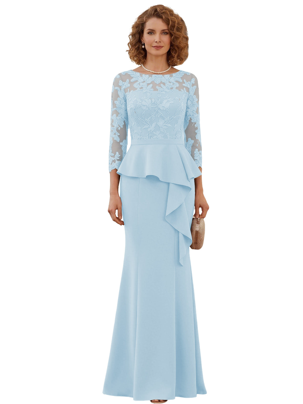 Long Mother of the Bride Dress Lace Illusion Bodice Peplum Mermaid Formal Evening Gown