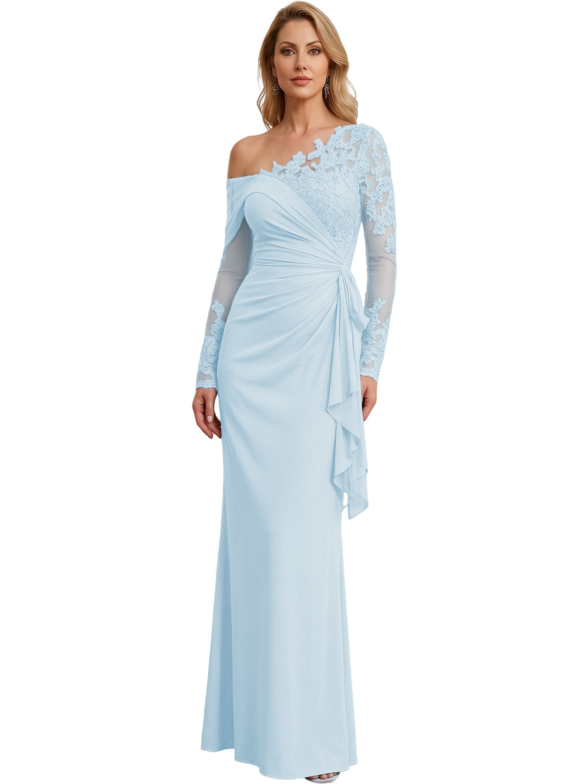 One Shoulder Mother of the Bride Gown Long Lace Sleeve Mermaid Dress with Draped Ruffle