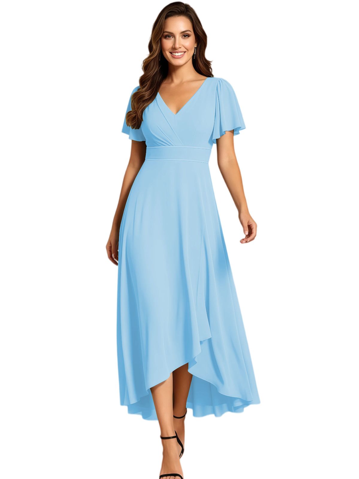 High Low Mother of the Bride Dress V-Neck Flutter Sleeve Chiffon Formal Gown