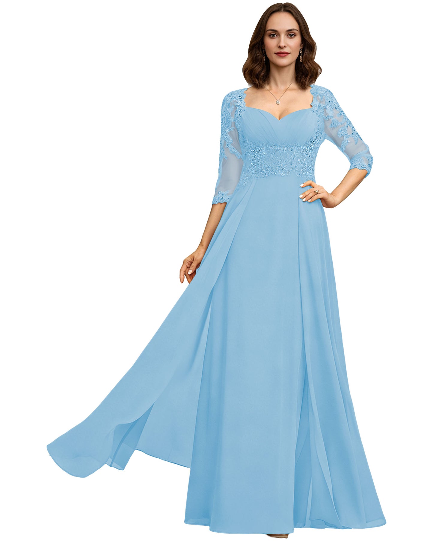 Long Sweetheart Mother of the Bride Dress Lace 3/4 Sleeve Chiffon A-Line Gown