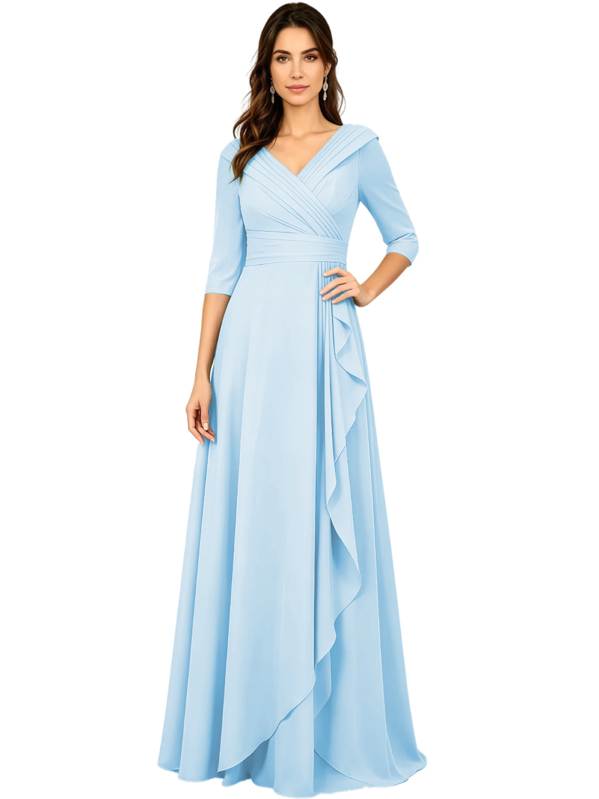 Long V-Neck Mother of the Bride Dress Chiffon Half Sleeve A-Line Gown with Side Ruffle