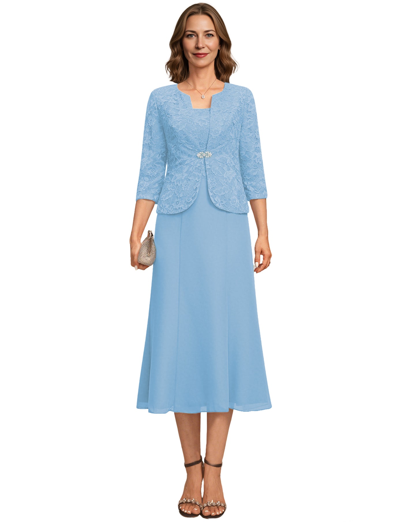 Tea Length Mother of the Bride Dress Lace Jacket Chiffon A-Line Wedding Guest Outfit