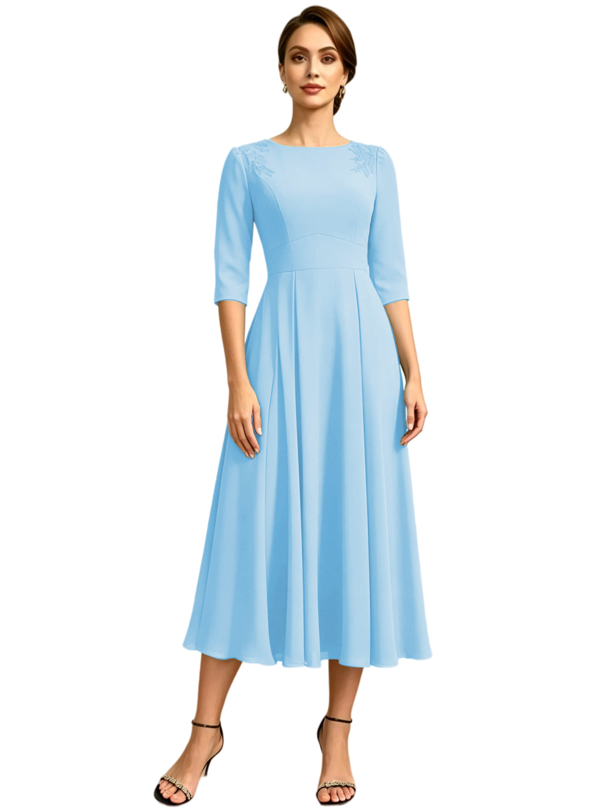 Tea Length Mother of the Bride Dress Jewel Neck Chiffon A-Line Formal Gown with Embroidery