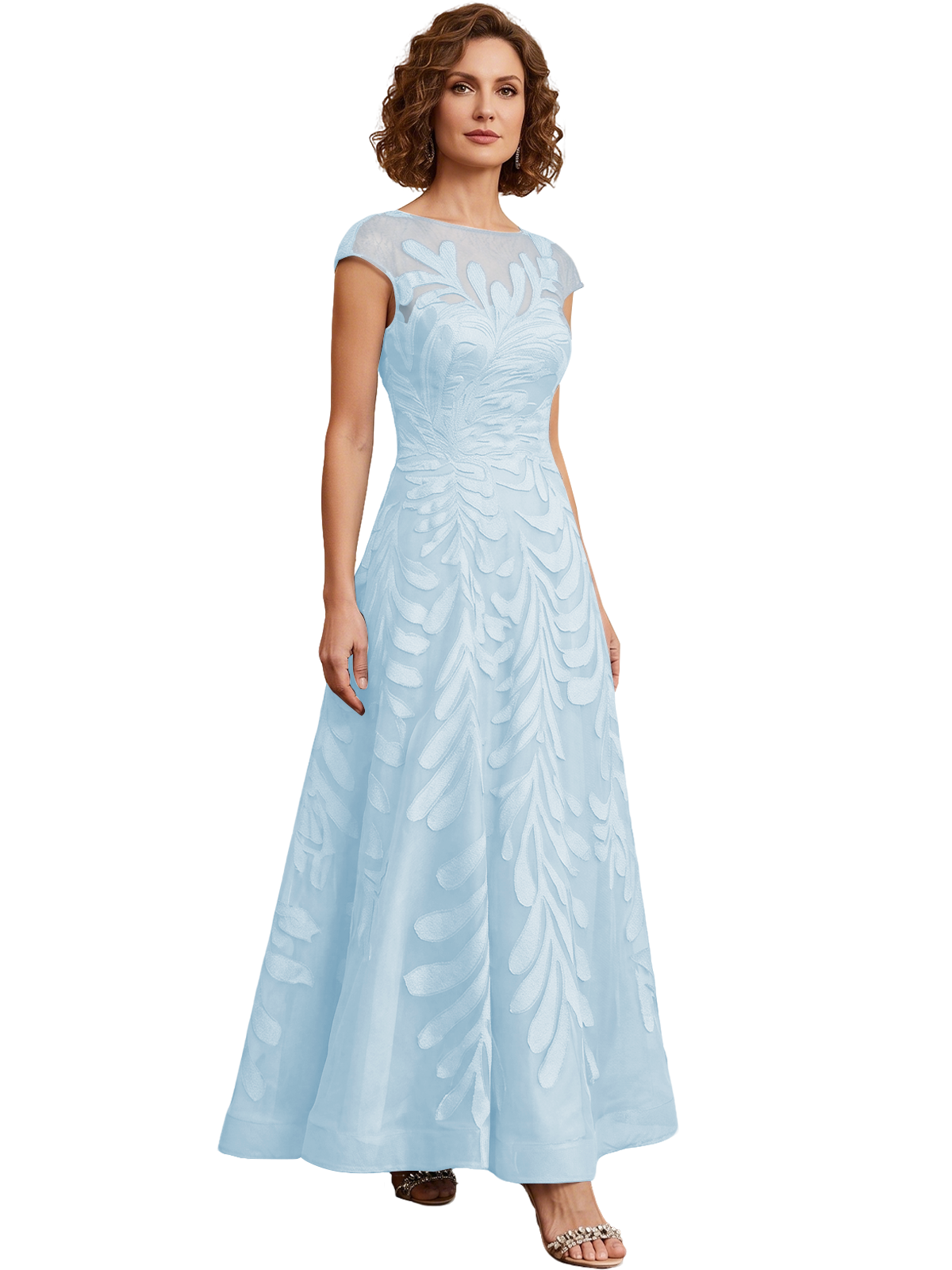 Embroidered Tulle Mother of the Bride Dress Long A-Line Gown with Illusion Cap Sleeves