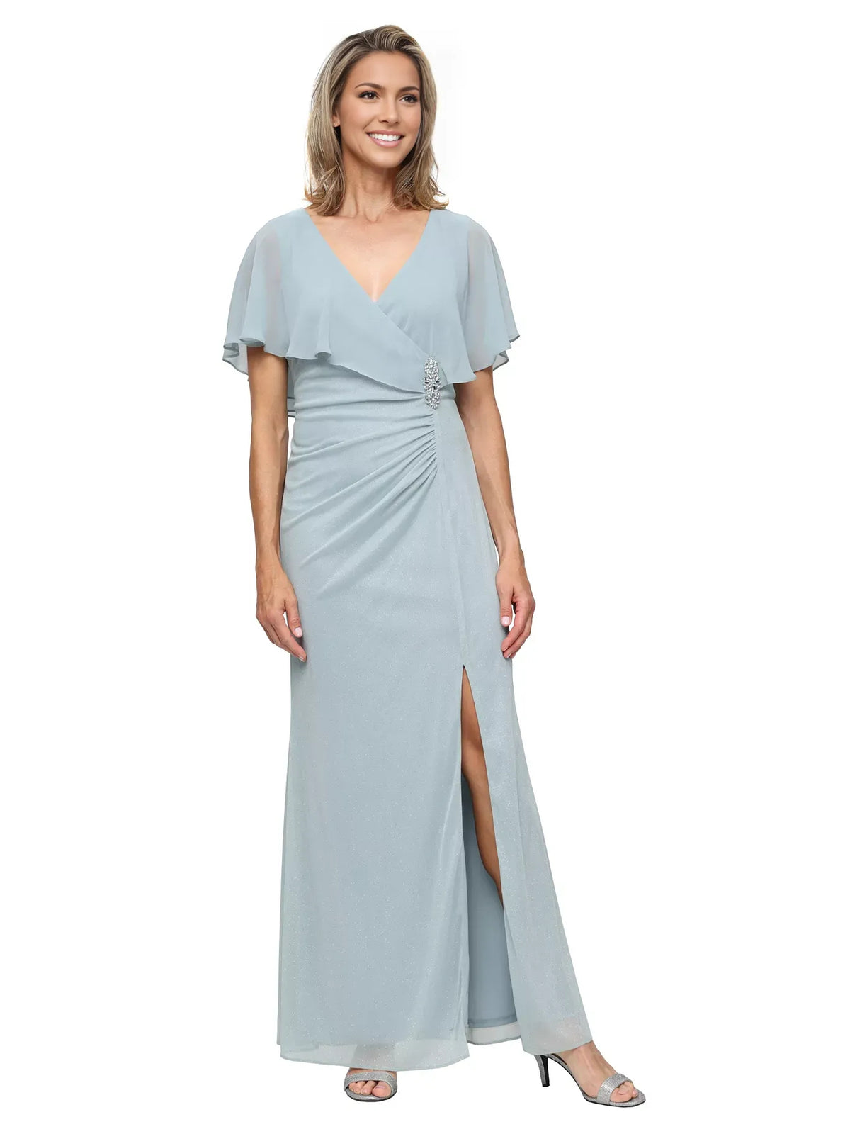 Ruched Draped Slit V Neck Sheath Floor-Length Chiffon Mother of the Bride Dress for Evening Reception