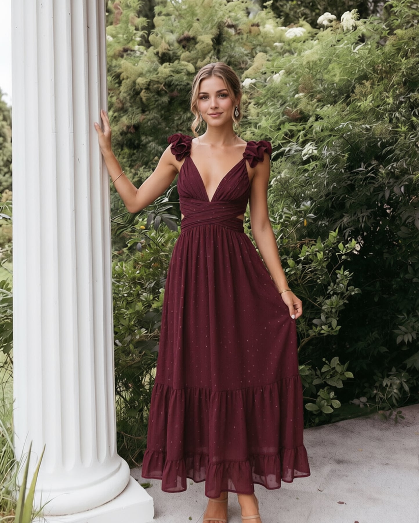 Deep V-Neck Swiss Dot Chiffon Bridesmaid Dress with Ruffle Straps