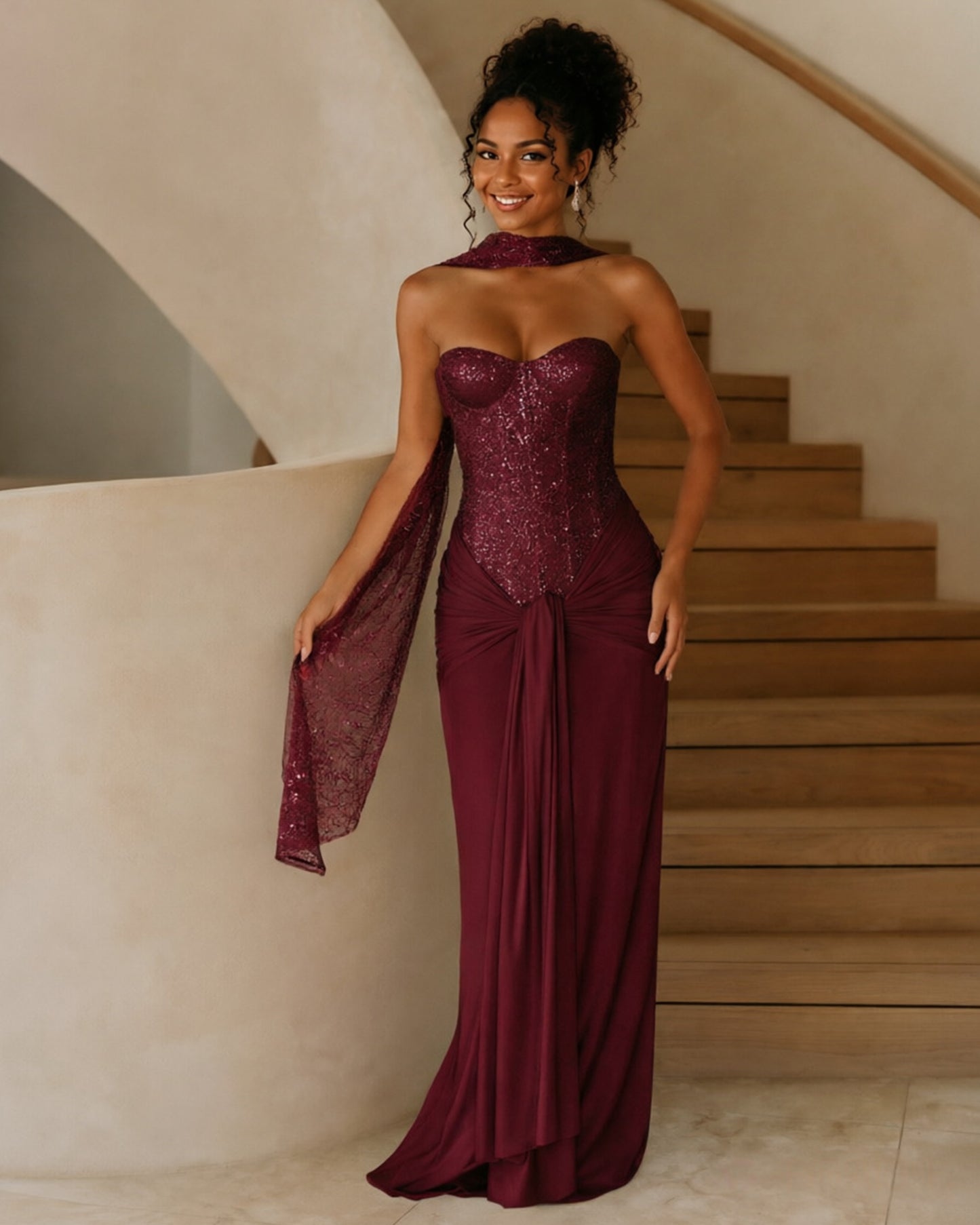 Strapless Sequin Corset Jersey Prom Dress with Draped Scarf Detail