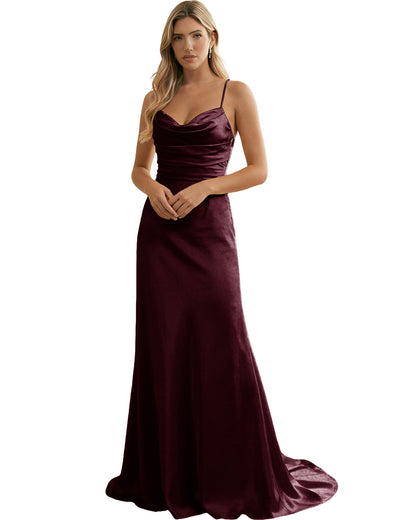 Spaghetti Straps Ruched Satin Floor Length Bridesmaid Dress