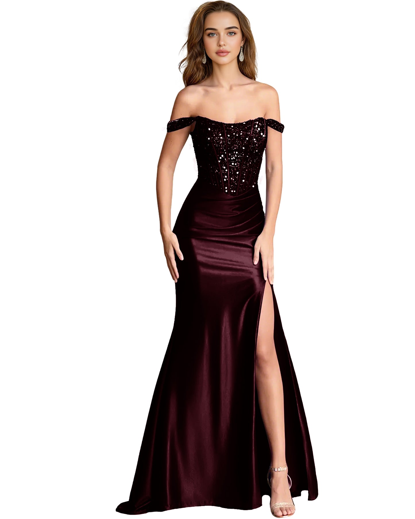 Off Shoulder Sequin Satin Mermaid Dress with Draped dress Slit