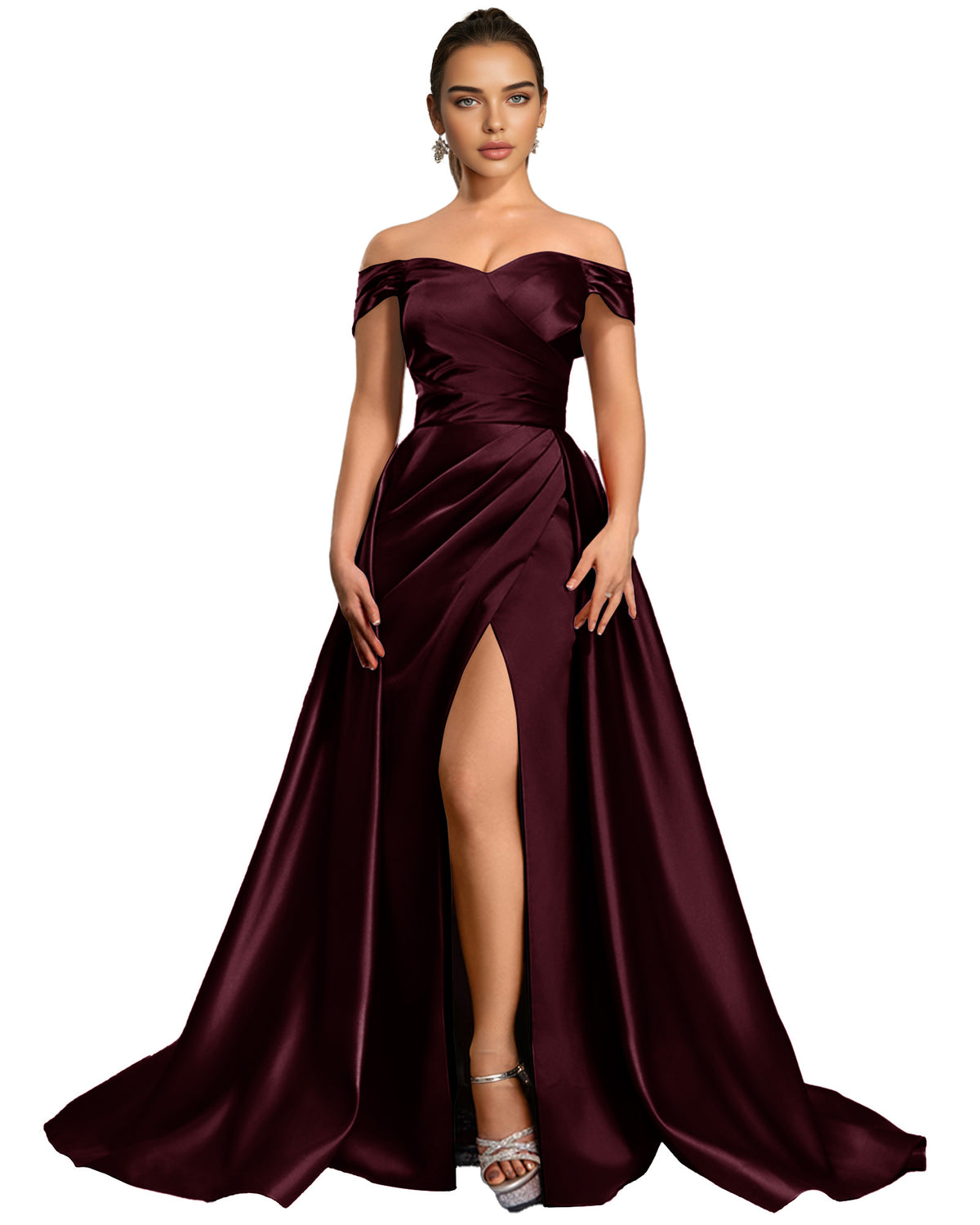 Off Shoulder Satin Ball Gown Prom Dress with Draped Bodice and Slit