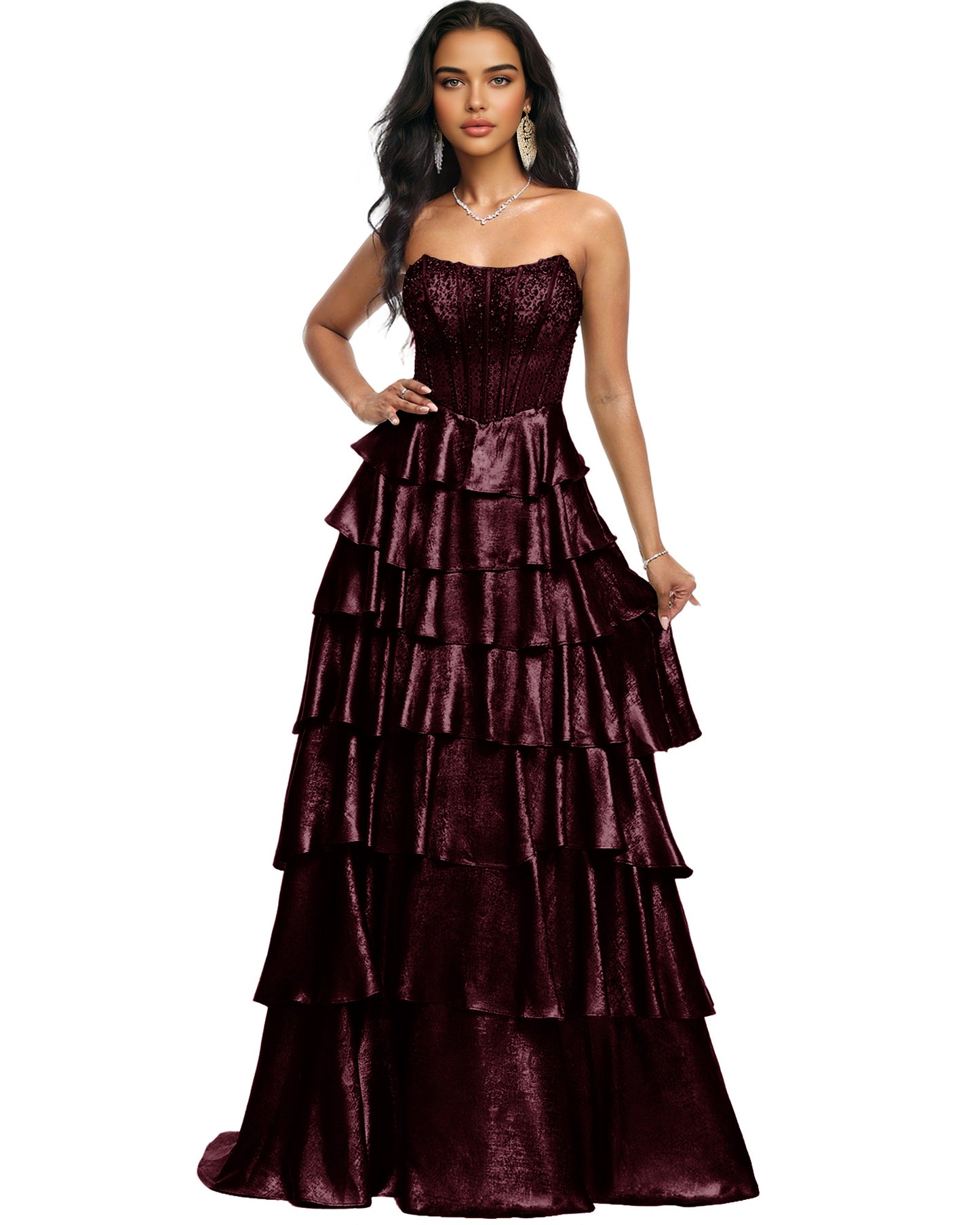 Strapless Tiered Sequin A-Line Prom Dress with Ruffle Layers