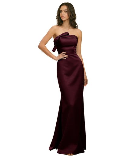 Strapless Satin Bridesmaid Dress with Draped Bodice and Side Slit