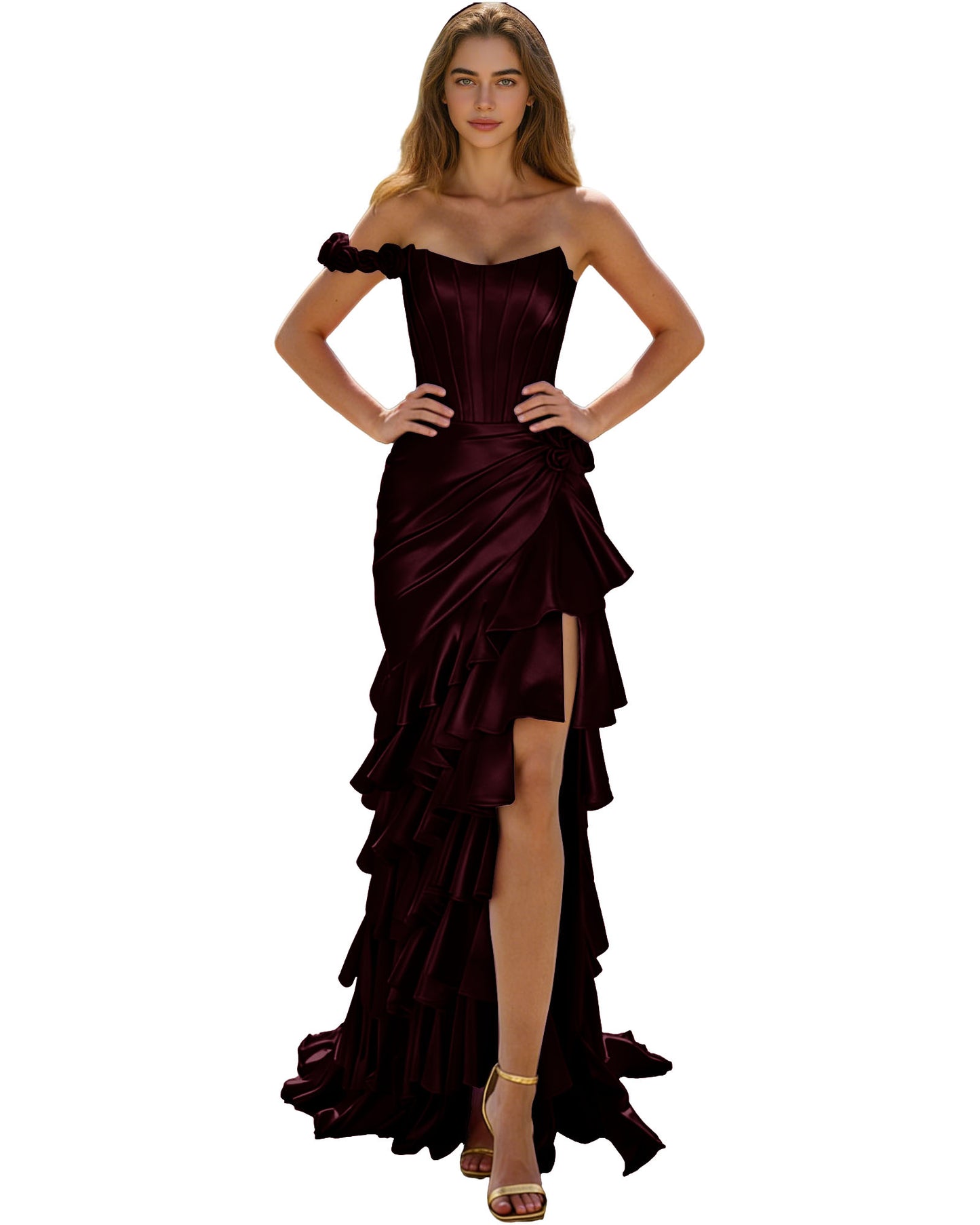 Off Shoulder Ruffle High Low Prom Dress with Tiered dress and Corset Waist