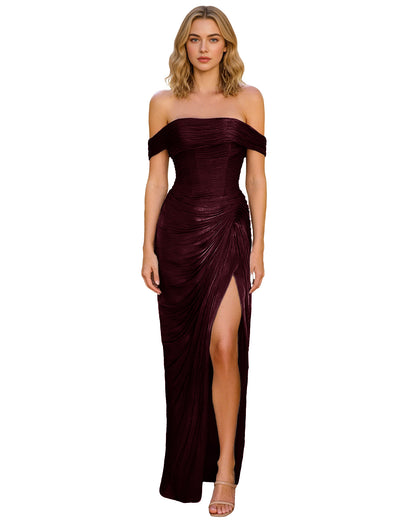 Off Shoulder Ruched Jersey Prom Dress with Wrap Bodice and High Slit