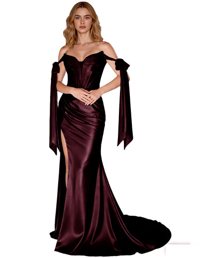 Off Shoulder Satin Mermaid Prom Dress with Detachable Long Sleeves