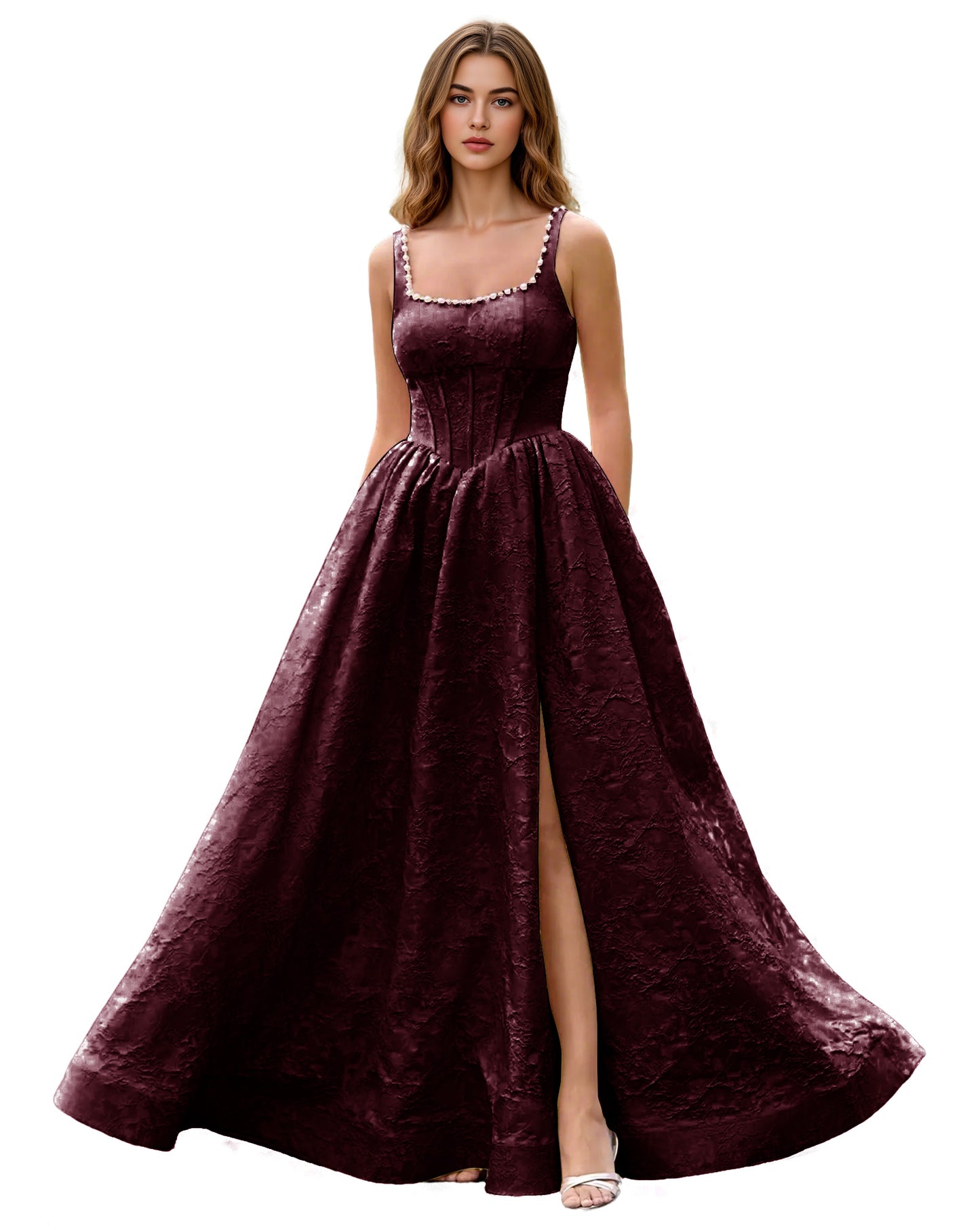 Square Neck Jacquard Ball Gown Prom Dress with Wide Straps and Pockets