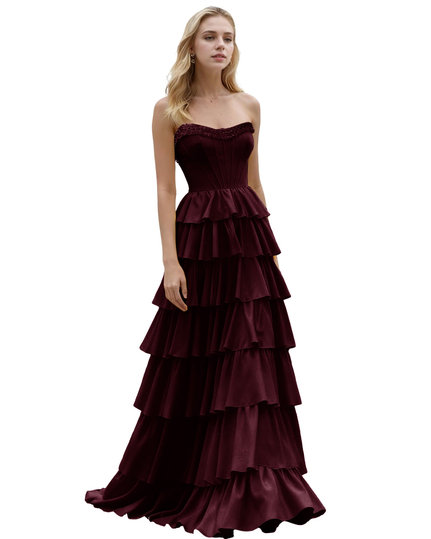 Strapless Tiered Ruffle A-Line Prom Dress with Corset Bodice