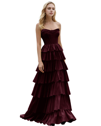 Strapless Tiered Ruffle A-Line Prom Dress with Corset Bodice