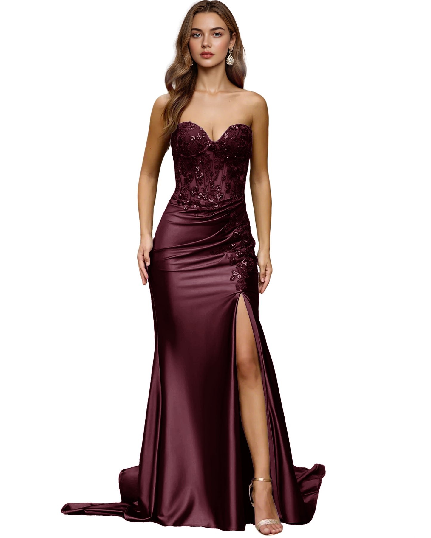 Strapless Emerald Satin Mermaid Prom Dress with Beaded Bodice and Slit