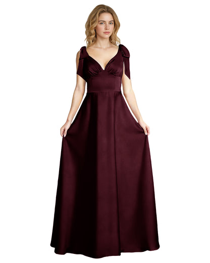 V-Neck Bow Strap Satin Bridesmaid Dress with Empire Waist