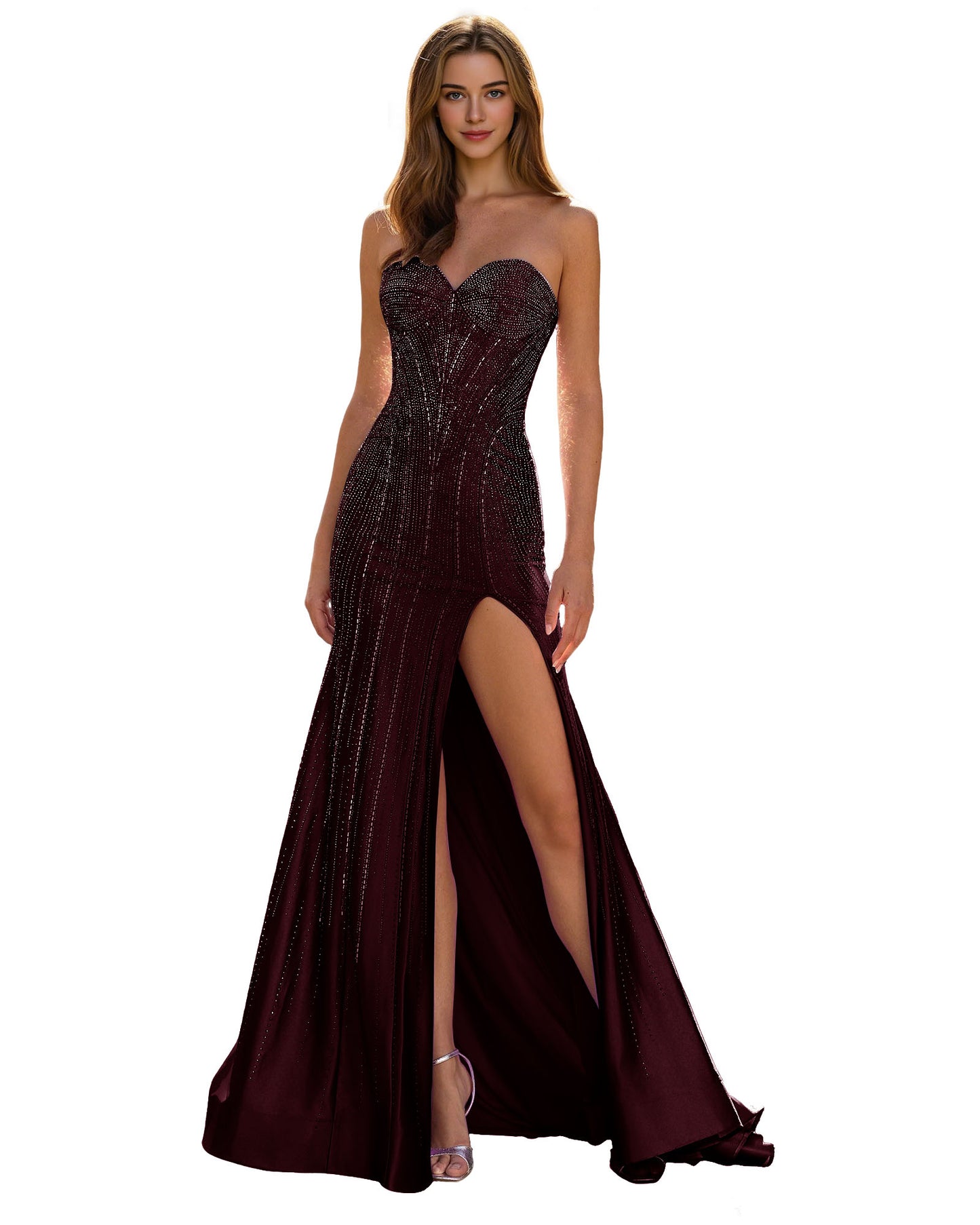 Strapless Sequin Column Prom Dress with Side Slit and Sweep Train
