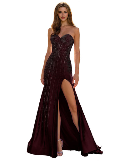 Strapless Sequin Column Prom Dress with Side Slit and Sweep Train