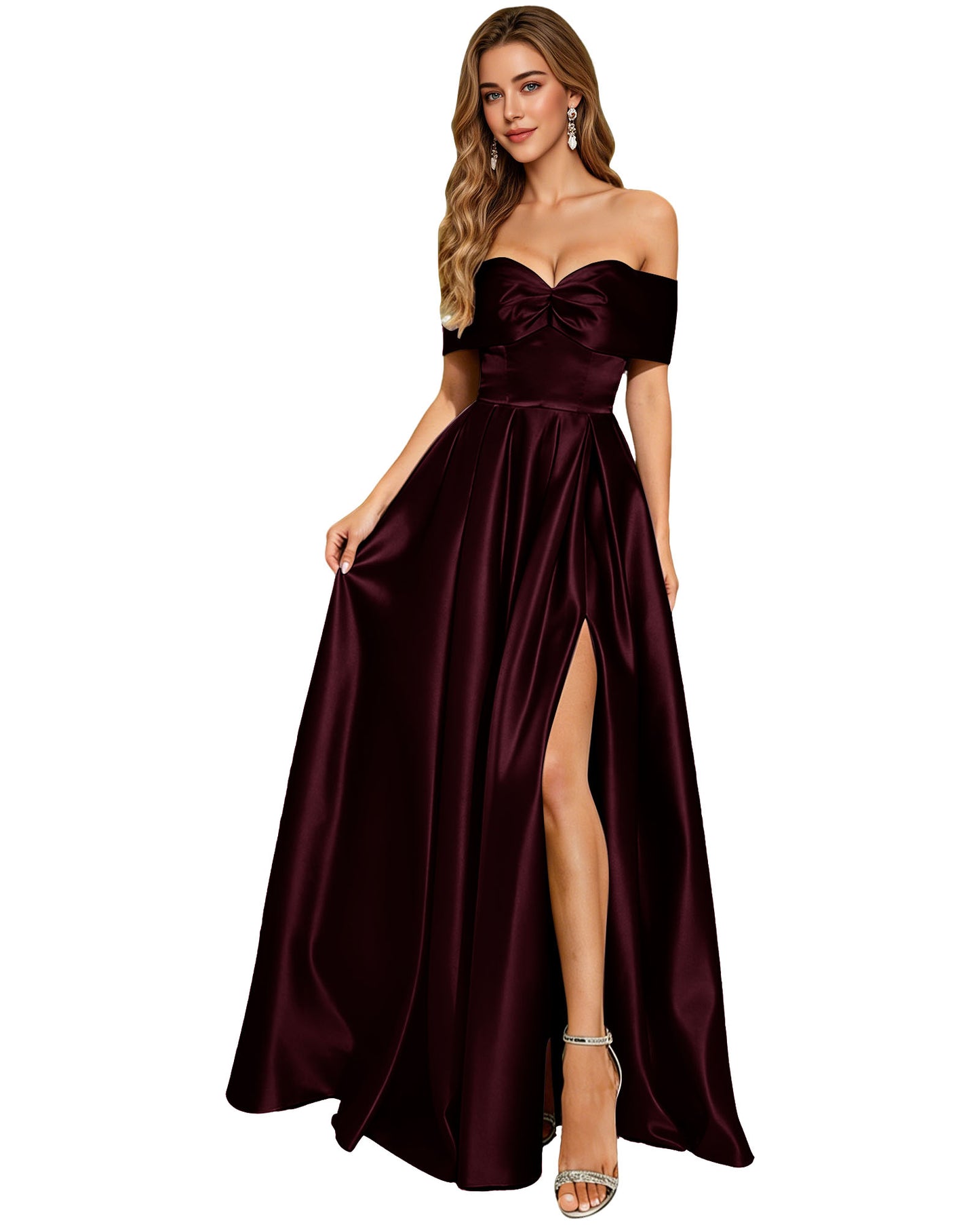 Strapless Bow Satin A-Line Prom Dress with Pleated Bodice and Slit
