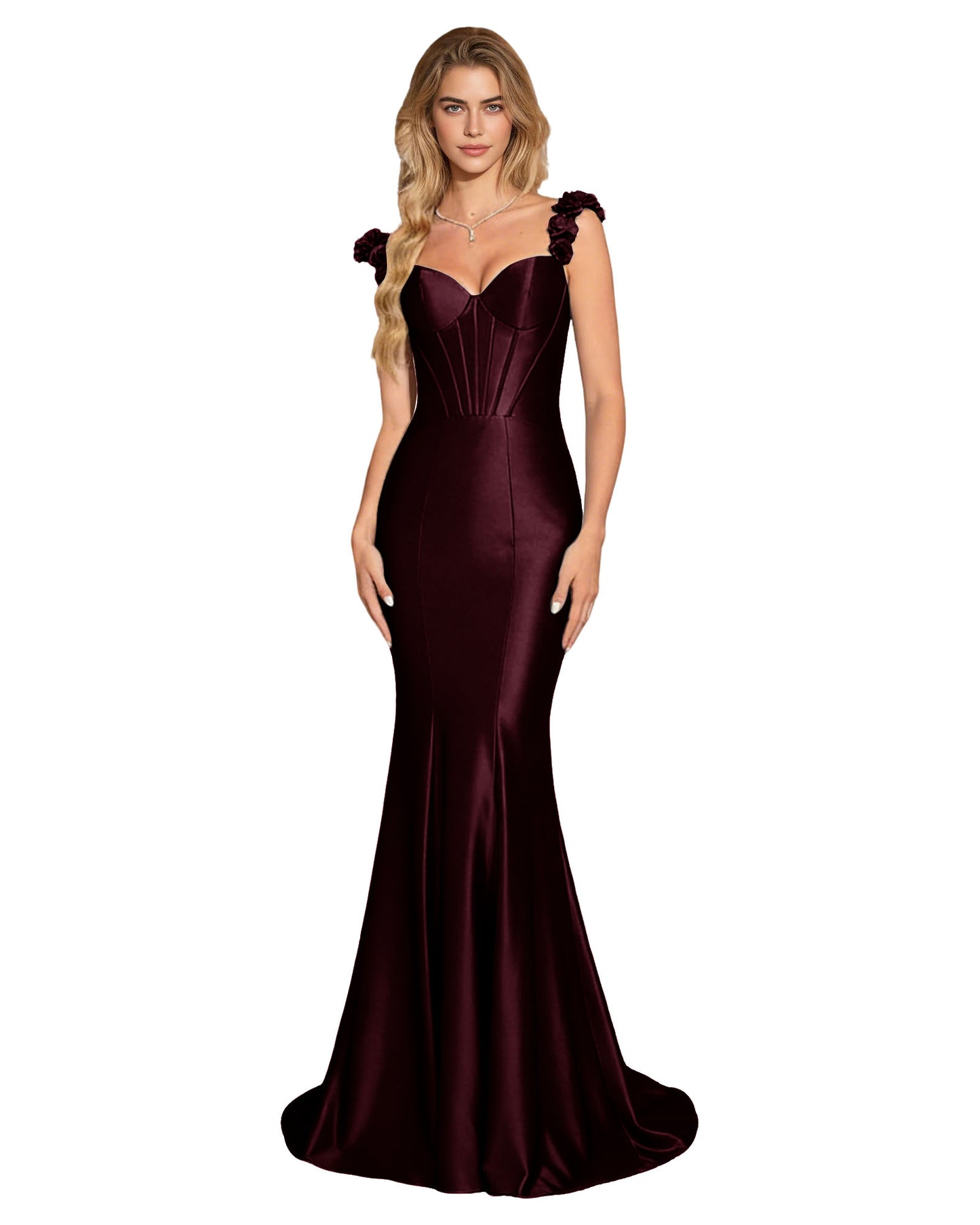 Floral Strap Satin Mermaid Prom Dress with Corset Bodice and Sweep Train
