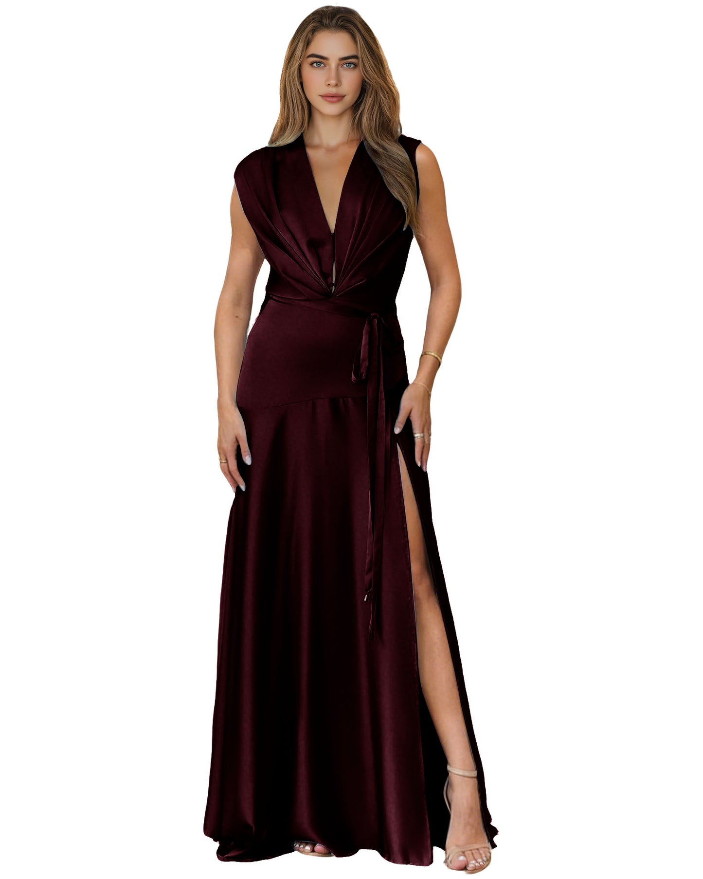 Plunging V-Neck Satin A-Line Prom Dress with Wrap Waist and Slit