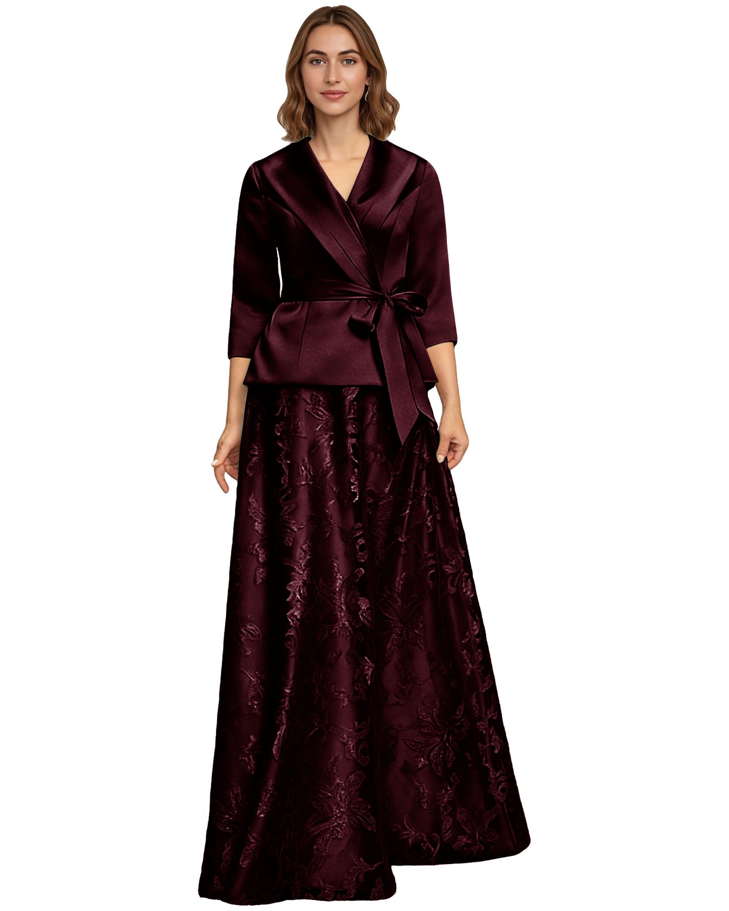 Two Piece Mother of the Bride Dress Satin Wrap Top Embroidered Long Skirt Formal Set