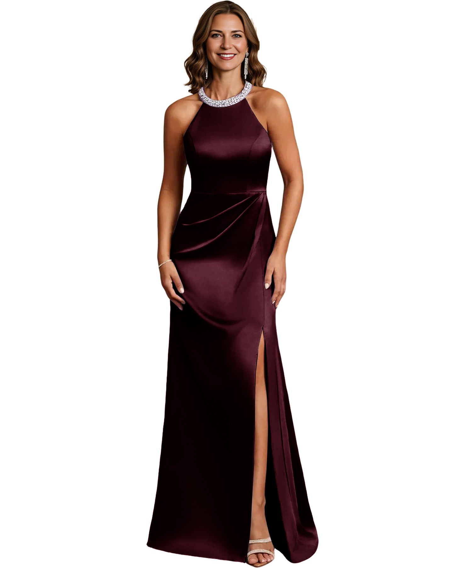 Halter Neck Mother of the Bride Dress Satin Mermaid Gown with Beaded Collar and Slit