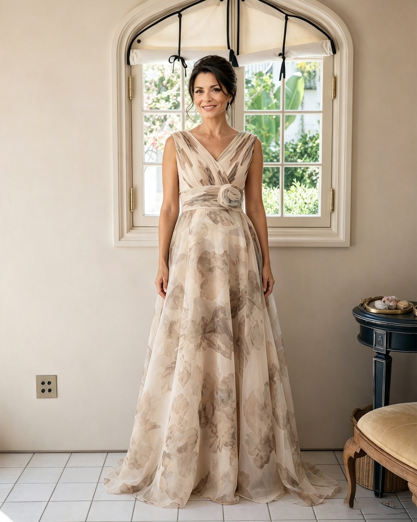 Floral Print V-Neck Chiffon Mother of the Bride Dress with Rosette Sash