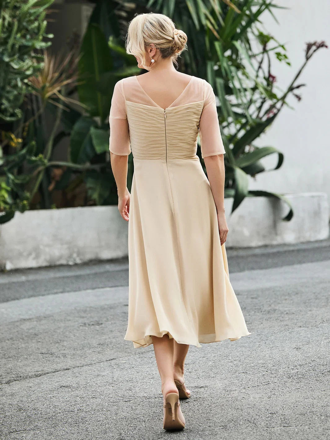 Ruched Illusion Neck A-Line Tea-Length Chiffon Mother of the Bride Dress for Wedding Reception