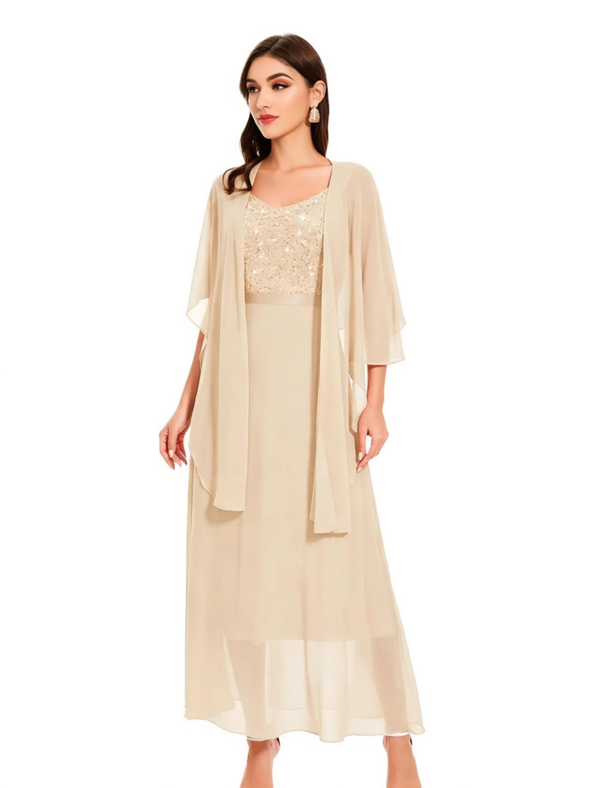 Sequin V Neck A-Line Midi Satin Mother of the Bride Dress for Estate Wedding