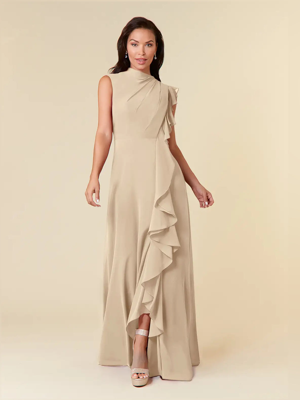 Draped Ruffled High Neck A-Line Maxi Chiffon Bridesmaid Dress for Church Wedding