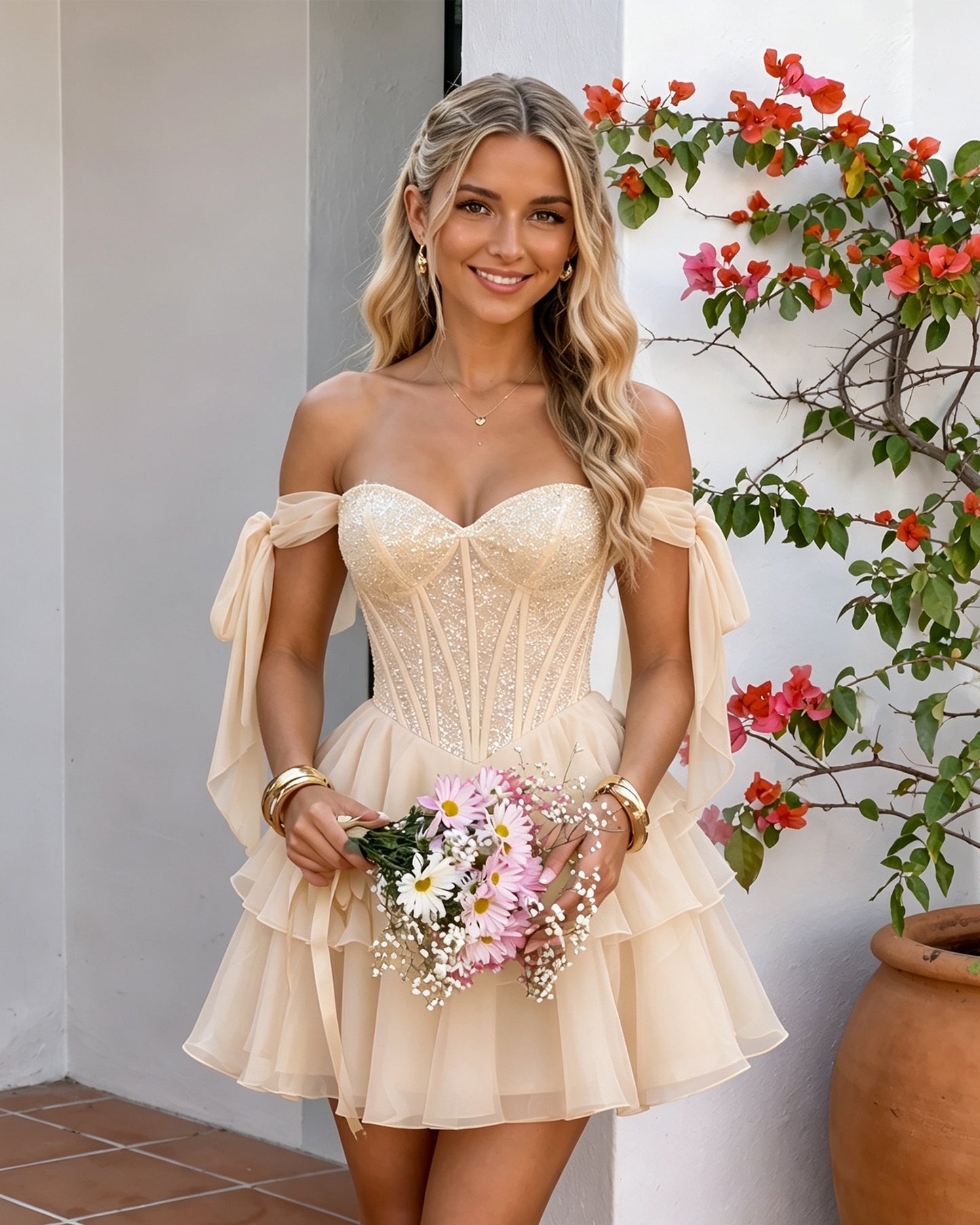 Off-Shoulder Lace Corset Tiered Tulle Homecoming Dress