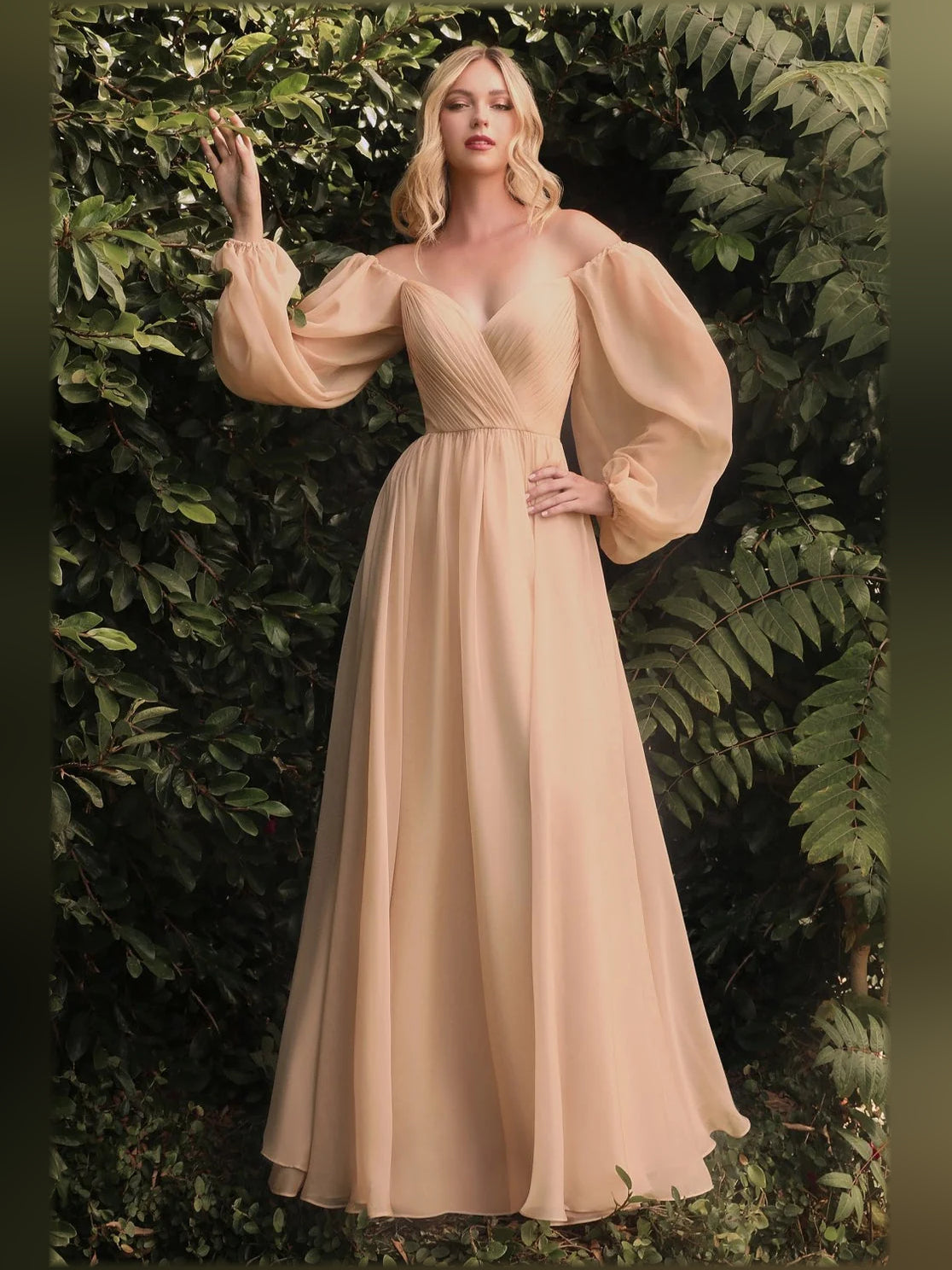 V Neck Puff Sleeves Pleats Floor-Length A Formal Dress