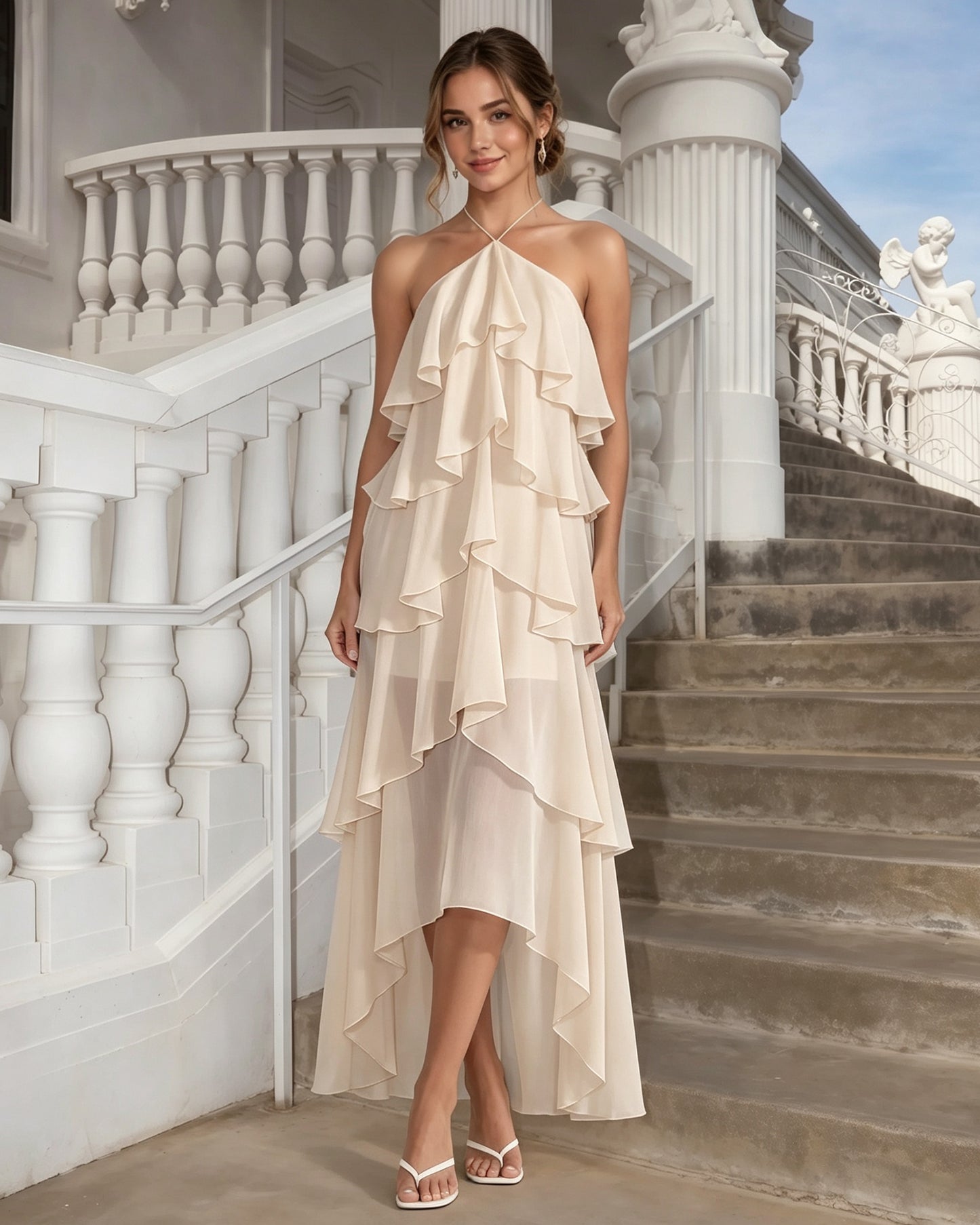 One-Shoulder Tiered Ruffle High-Low Chiffon Formal Dress