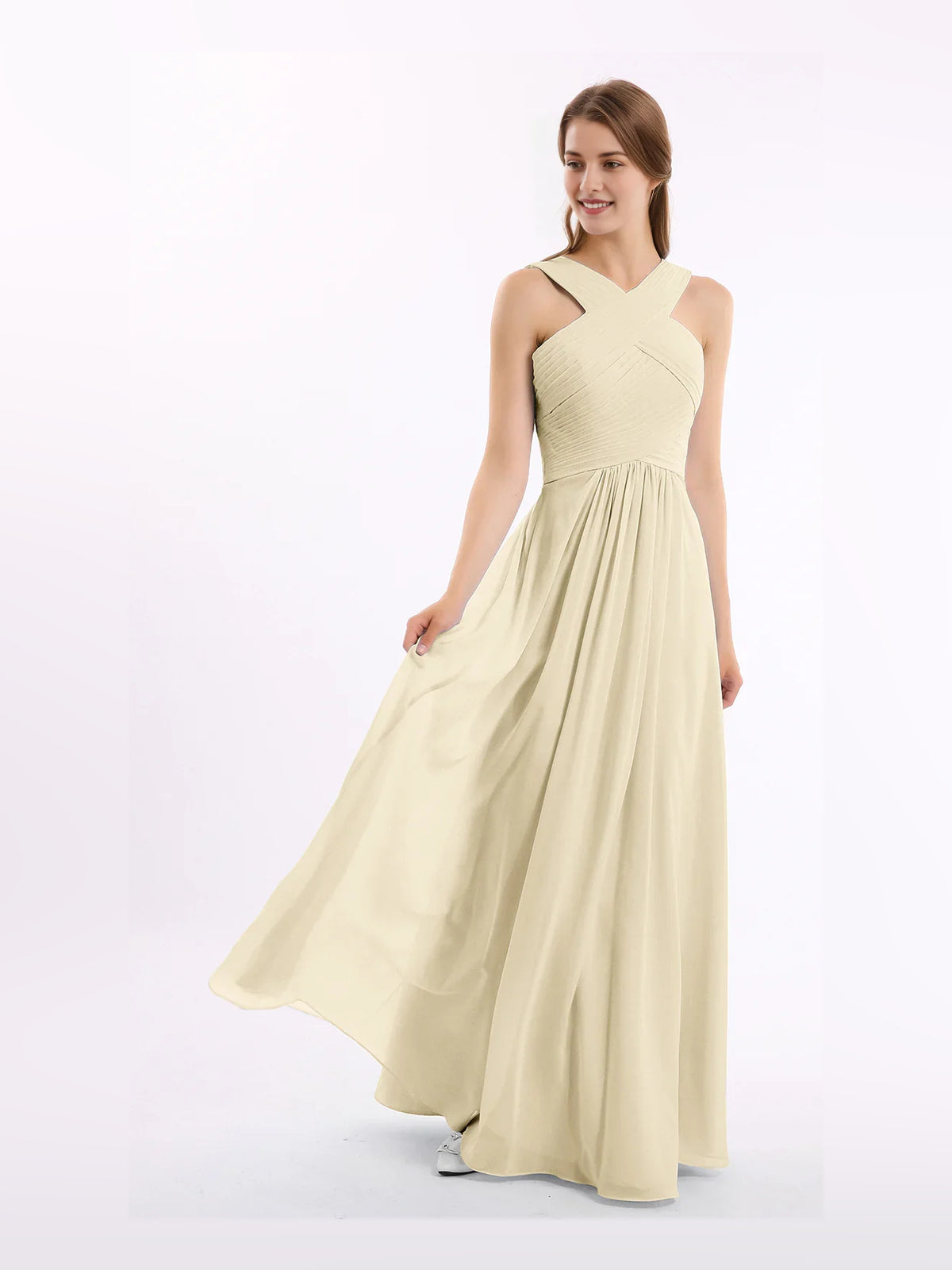 Pleated Halter Neck A-Line Maxi Chiffon Bridesmaid Dress for Estate Wedding
